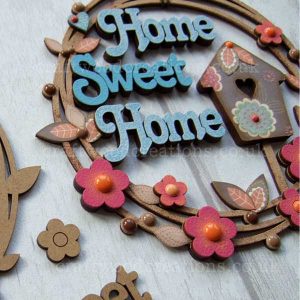 Home Sweet Home hanging sign with layered words, birdhouse and flowers. Sample