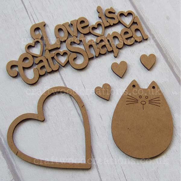 Love is Cat Shaped Sign with large heart, three small hearts and a cute little Cat.